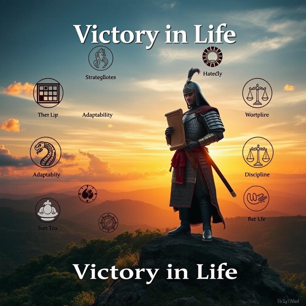 An inspiring and visually captivating image symbolizing 'Victory in Life' through the teachings of 'The Art of War'