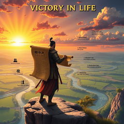 A powerful and motivational illustration representing 'Victory in Life' inspired by the teachings of 'The Art of War'