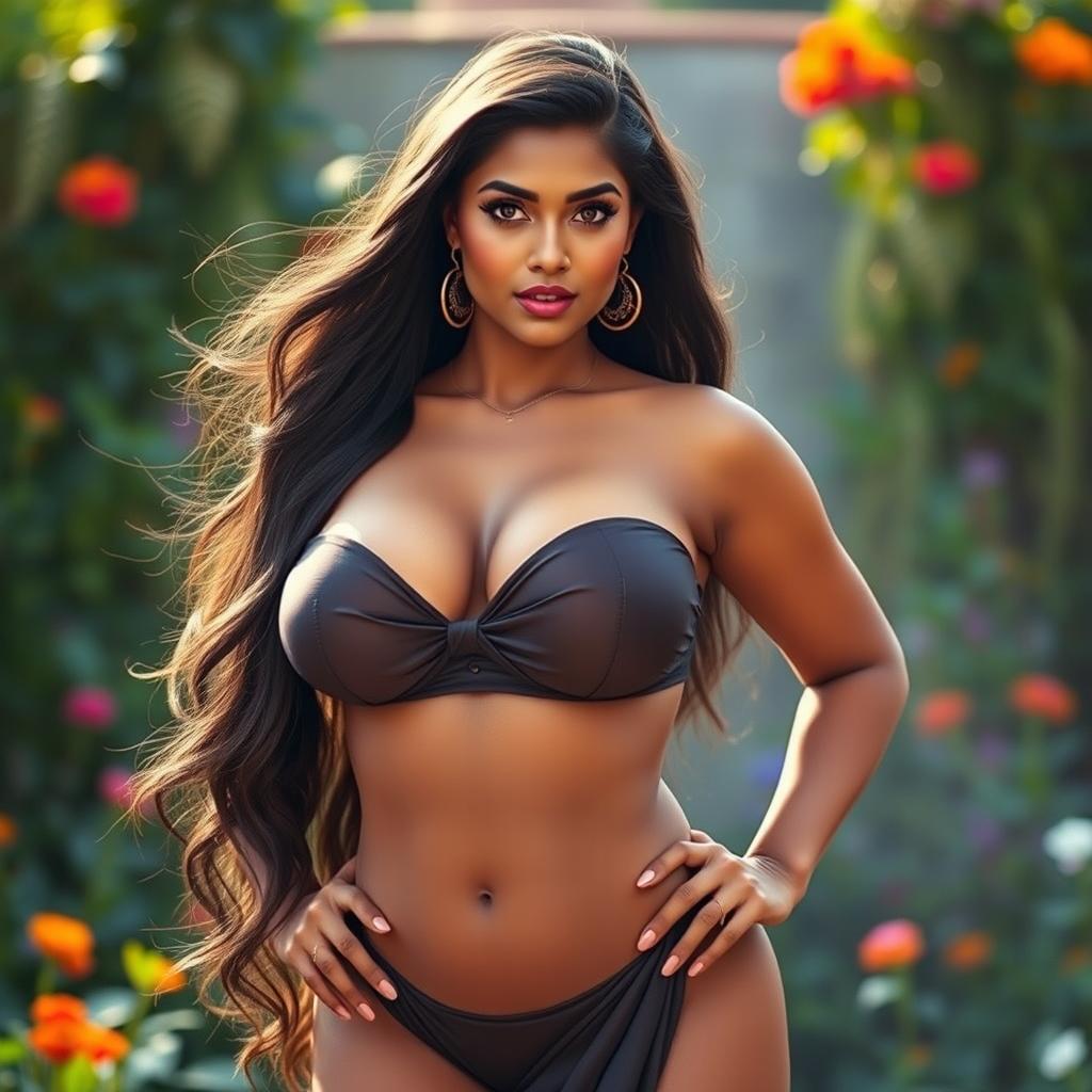 A confident Indian woman with long, flowing hair, showcasing her voluptuous figure