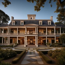 A grand traditional American villa in extreme detail, excellently captured as a high-definition 8k architectural photograph.