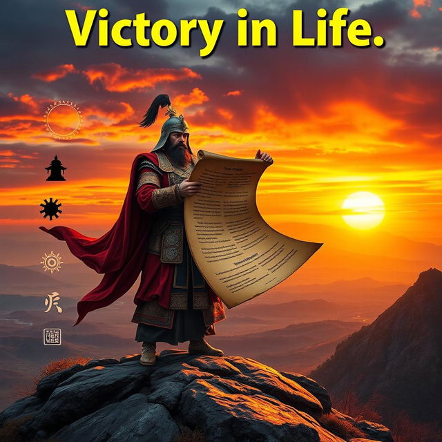 A powerful and motivational image embodying 'Victory in Life' through the wisdom of 'The Art of War'