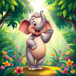 A whimsical elephant standing on its hind legs with its front leg extended forward as if it has a hand, set against a vibrant, colorful jungle background filled with lush green trees and exotic flowers