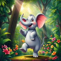 A whimsical elephant standing on its hind legs with its front leg extended forward as if it has a hand, set against a vibrant, colorful jungle background filled with lush green trees and exotic flowers