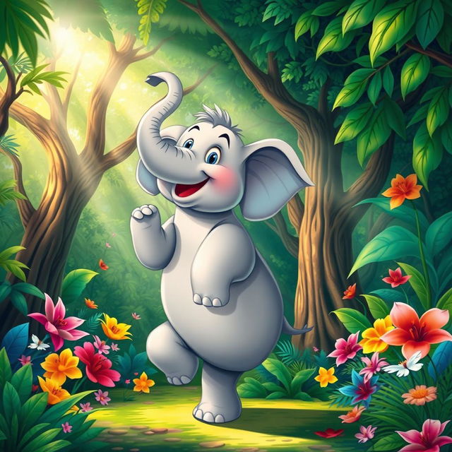 A whimsical elephant standing on its hind legs with its front leg extended forward as if it has a hand, set against a vibrant, colorful jungle background filled with lush green trees and exotic flowers