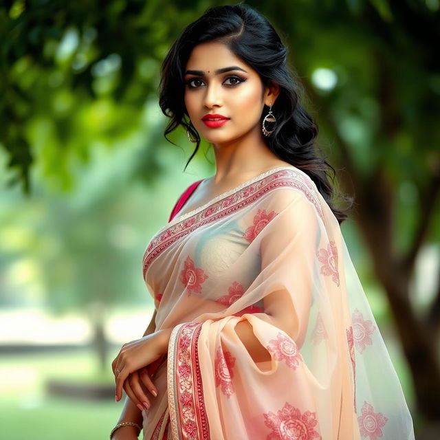 A beautiful Bangladeshi woman with an elegant presence, wearing a traditional saree that appears transparent and wet, elegantly clinging to her curves