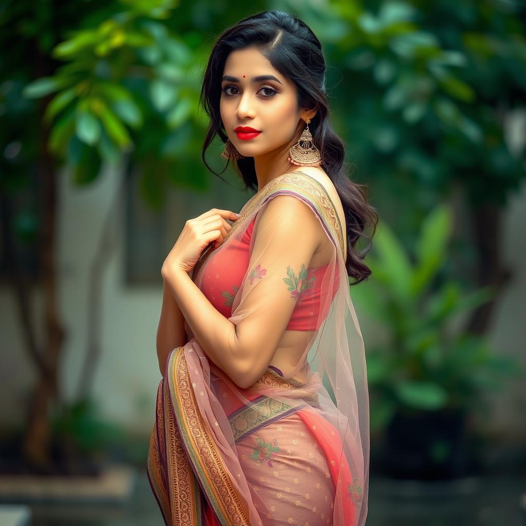 A beautiful Bangladeshi woman with an elegant presence, wearing a traditional saree that appears transparent and wet, elegantly clinging to her curves