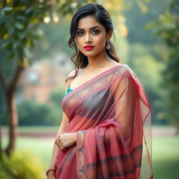 A beautiful Bangladeshi woman with an elegant presence, wearing a traditional saree that appears transparent and wet, elegantly clinging to her curves