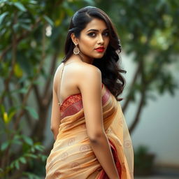 A beautiful Bangladeshi woman with an elegant presence, wearing a traditional saree that appears transparent and wet, elegantly clinging to her curves