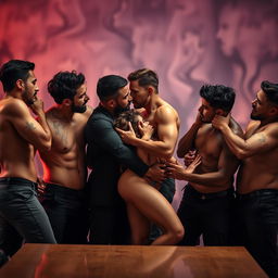 A bold and provocative scene featuring a group of six confident men engaging in a consensual and passionate encounter with a woman