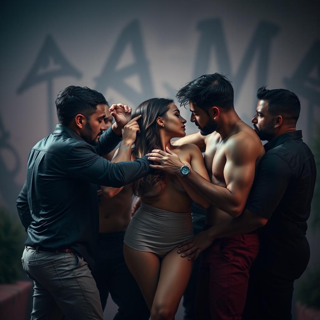 A bold and provocative scene featuring a group of six confident men engaging in a consensual and passionate encounter with a woman