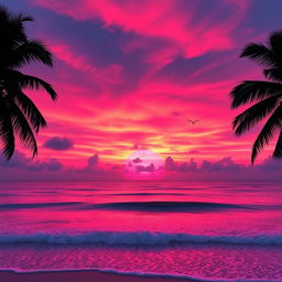 A breathtaking pink sunset over a tranquil ocean, the sky filled with vibrant hues of pink, orange, and purple blending beautifully into one another
