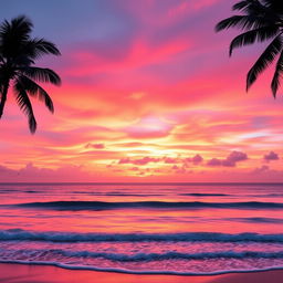 A breathtaking pink sunset over a tranquil ocean, the sky filled with vibrant hues of pink, orange, and purple blending beautifully into one another