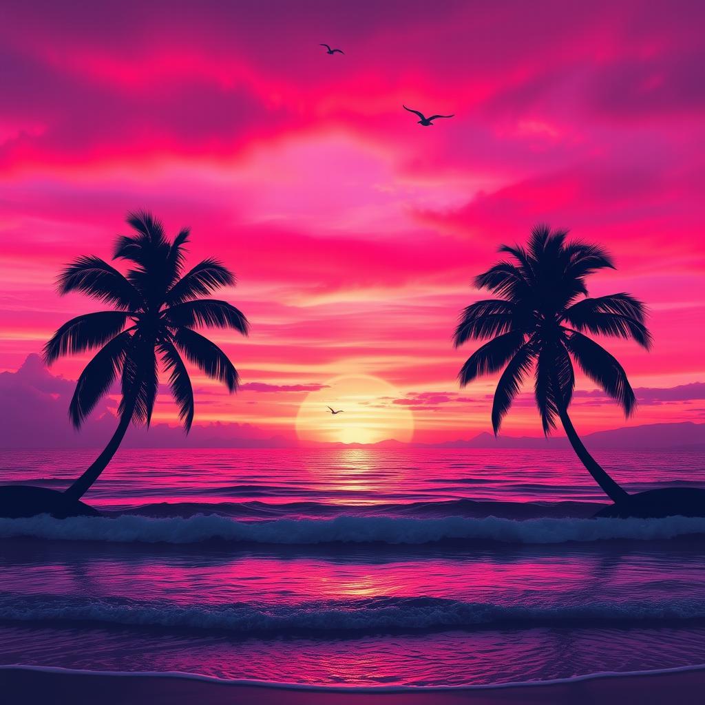 A breathtaking pink sunset over a tranquil ocean, the sky filled with vibrant hues of pink, orange, and purple blending beautifully into one another