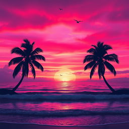 A breathtaking pink sunset over a tranquil ocean, the sky filled with vibrant hues of pink, orange, and purple blending beautifully into one another