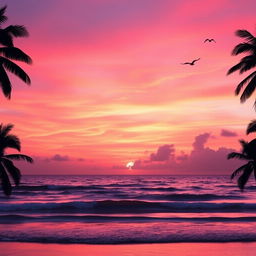 A breathtaking pink sunset over a tranquil ocean, the sky filled with vibrant hues of pink, orange, and purple blending beautifully into one another
