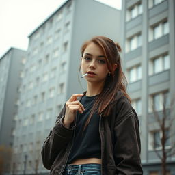 A high school girl dressed in casual streetwear, standing against a backdrop of traditional Russian panel buildings