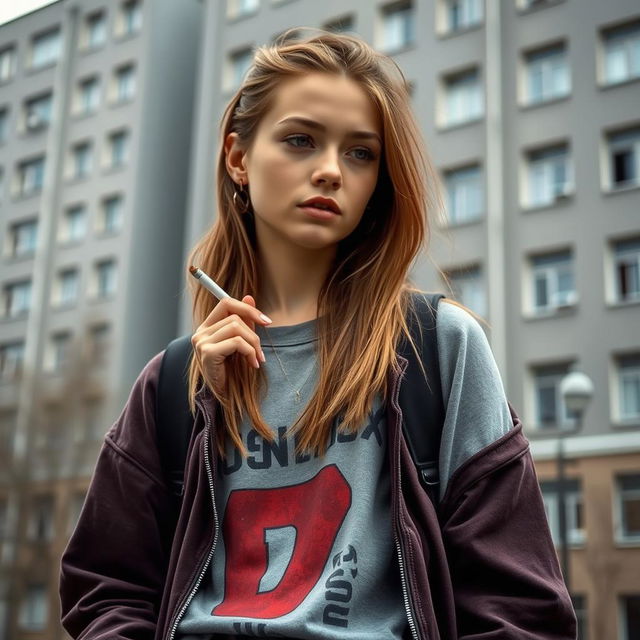 A high school girl dressed in casual streetwear, standing against a backdrop of traditional Russian panel buildings