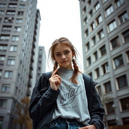 A high school girl dressed in casual streetwear, standing against a backdrop of traditional Russian panel buildings