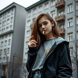 A high school girl dressed in casual streetwear, standing against a backdrop of traditional Russian panel buildings