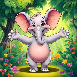 A cartoonish elephant standing upright, with its arms and legs outstretched in a playful pose