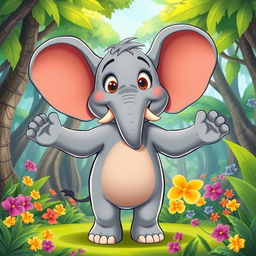 A cartoonish elephant standing upright, with its arms and legs outstretched in a playful pose
