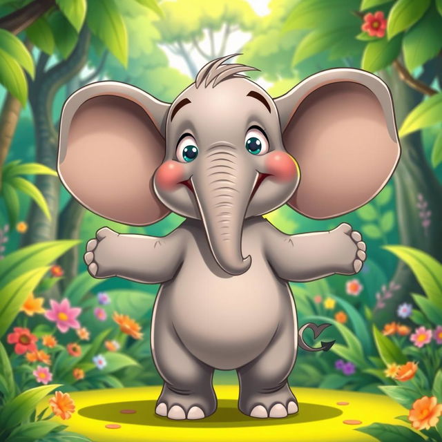 A cartoonish elephant standing upright, with its arms and legs outstretched in a playful pose