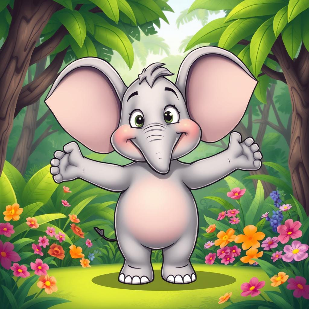 A cartoonish elephant standing upright, with its arms and legs outstretched in a playful pose