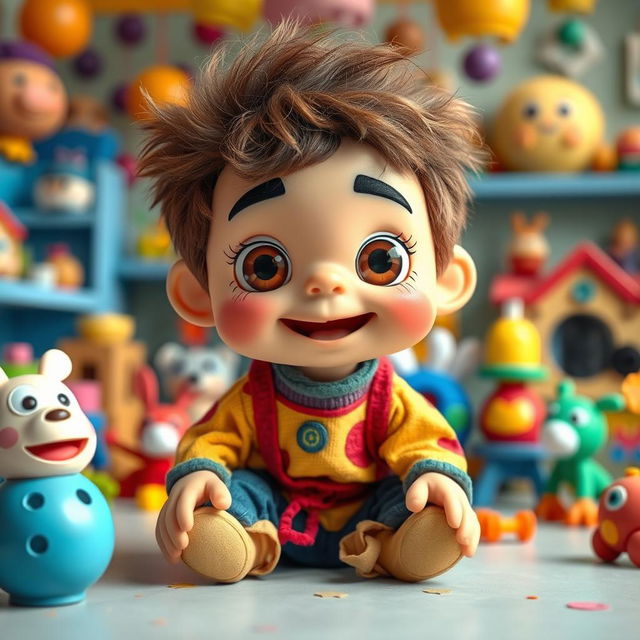 A cute, silly, and curious puppet boy named Khan Khaanak, with big expressive eyes and a playful smile