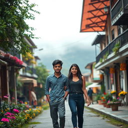 A 19-year-old male with fair brown skin, black hair, and brown eyes, standing at 6 feet 1 inch tall, casually walking alongside an 18-year-old female, who is 5 feet 6 inches tall and shares similar fair brown skin, black hair, and brown eyes