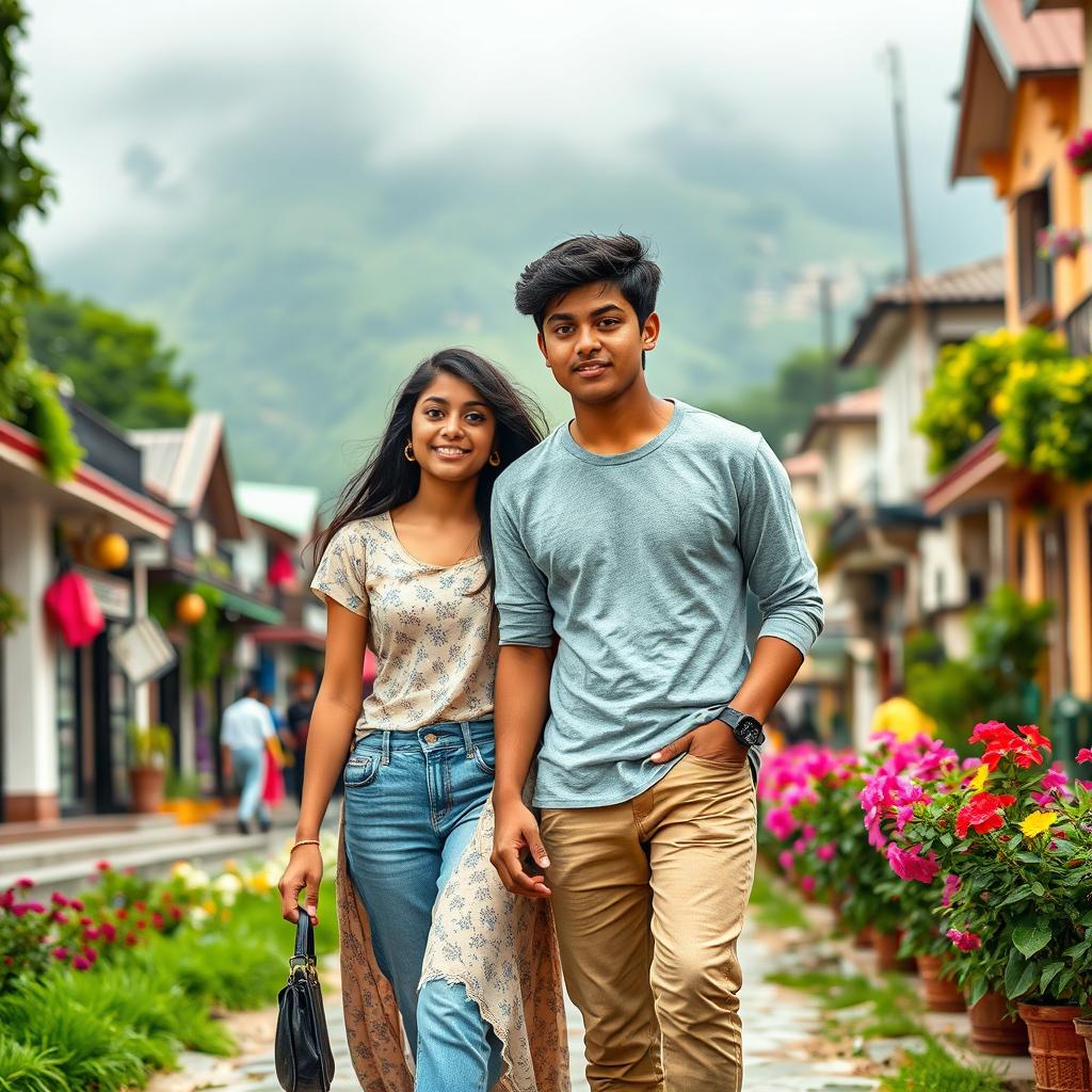 A 19-year-old male with fair brown skin, black hair, and brown eyes, standing at 6 feet 1 inch tall, casually walking alongside an 18-year-old female, who is 5 feet 6 inches tall and shares similar fair brown skin, black hair, and brown eyes