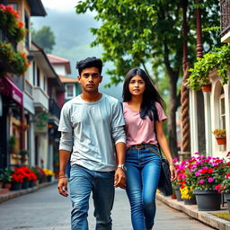 A 19-year-old male with fair brown skin, black hair, and brown eyes, standing at 6 feet 1 inch tall, casually walking alongside an 18-year-old female, who is 5 feet 6 inches tall and shares similar fair brown skin, black hair, and brown eyes
