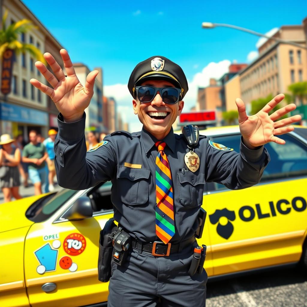 A humorous depiction of a quirky police officer with a wide grin, wearing a slightly mismatched uniform, including a colorful tie and oversized sunglasses