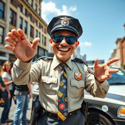 A humorous depiction of a quirky police officer with a wide grin, wearing a slightly mismatched uniform, including a colorful tie and oversized sunglasses