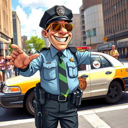 A humorous depiction of a quirky police officer with a wide grin, wearing a slightly mismatched uniform, including a colorful tie and oversized sunglasses