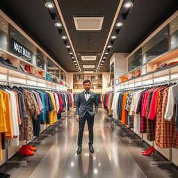 A stylish and chic interior of a branded clothes shop featuring rows of designer clothing racks