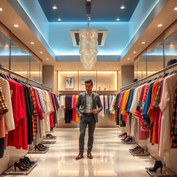 A stylish and chic interior of a branded clothes shop featuring rows of designer clothing racks