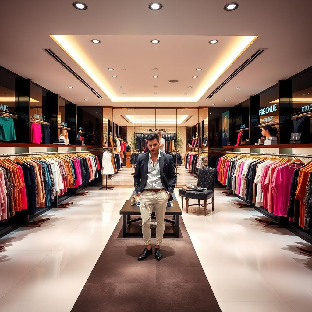 A stylish and chic interior of a branded clothes shop featuring rows of designer clothing racks