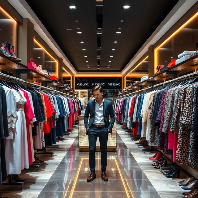 A stylish and chic interior of a branded clothes shop featuring rows of designer clothing racks