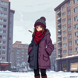 A pixel art scene depicting a schoolgirl in urban winter street clothing, standing in front of Soviet-style panel apartment buildings
