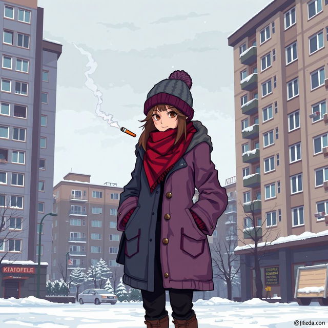 A pixel art scene depicting a schoolgirl in urban winter street clothing, standing in front of Soviet-style panel apartment buildings