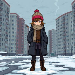 A pixel art scene depicting a schoolgirl in urban winter street clothing, standing in front of Soviet-style panel apartment buildings