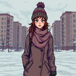 A pixel art scene depicting a schoolgirl in urban winter street clothing, standing in front of Soviet-style panel apartment buildings