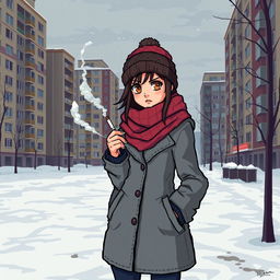 A pixel art scene depicting a schoolgirl in urban winter street clothing, standing in front of Soviet-style panel apartment buildings