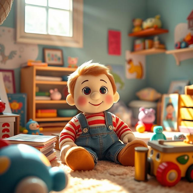 A whimsical scene featuring a plush doll boy sitting in a cozy, brightly colored room filled with toys and books