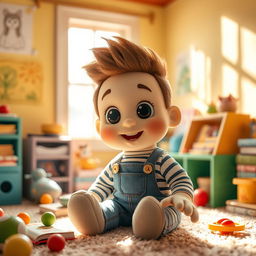 A whimsical scene featuring a plush doll boy sitting in a cozy, brightly colored room filled with toys and books