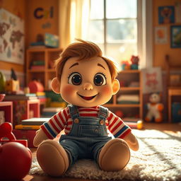 A whimsical scene featuring a plush doll boy sitting in a cozy, brightly colored room filled with toys and books