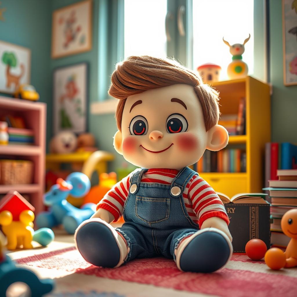 A whimsical scene featuring a plush doll boy sitting in a cozy, brightly colored room filled with toys and books