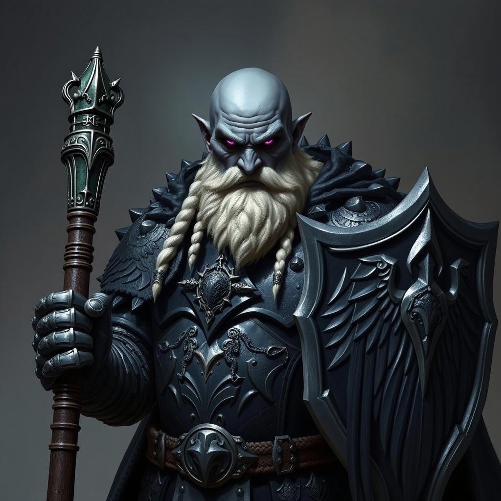 A formidable fantasy warrior inspired by Warhammer universe, featuring a powerful, muscular figure with a long, braided white beard and glowing purple eyes, signifying strength and battle readiness