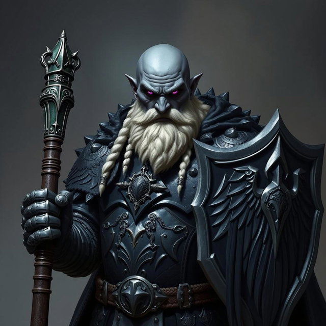 A formidable fantasy warrior inspired by Warhammer universe, featuring a powerful, muscular figure with a long, braided white beard and glowing purple eyes, signifying strength and battle readiness