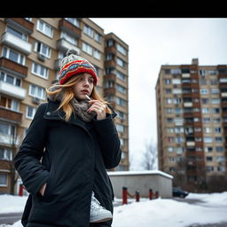 A schoolgirl in urban winter clothing stands against the backdrop of Soviet-style concrete apartment buildings in Russia, casually smoking a cigarette